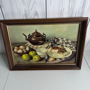 Henk Bos Still Life Print 1960 Fruit Eggs Teapot Bread 10x14" Frame Dutch